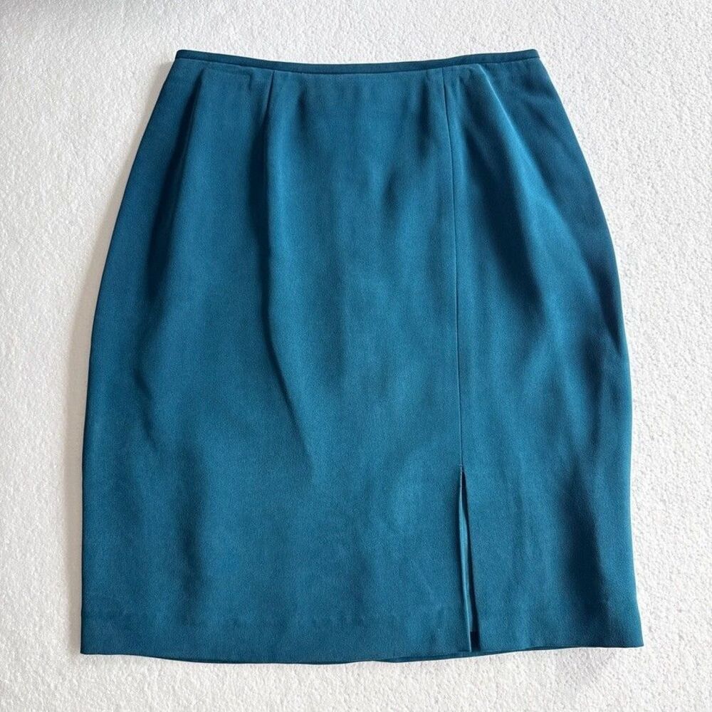 Kasper Petite 6P Womens 100% Silk Pencil Skirt Teal Vintage Career Back Slit